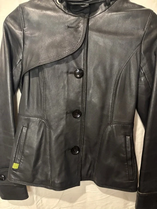 Soia & Kyo Black Genuine Leather Jacket XS Hip Length Button Front Designer - Picture 4 of 14